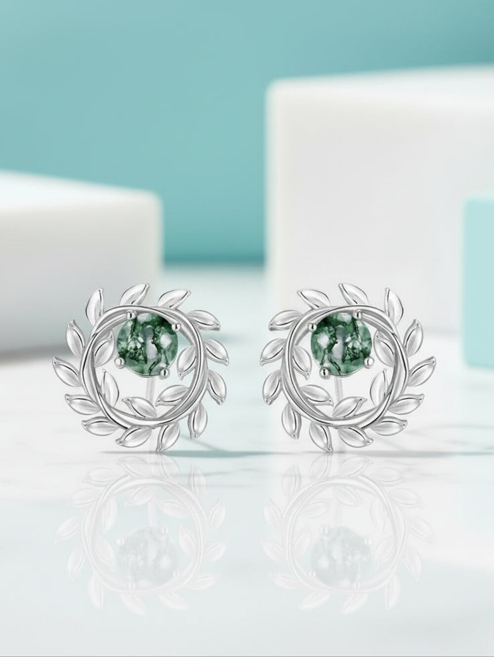 NEW IN PACKAGING Emerald Cut Silver Leaf Stud Earrings